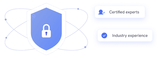Security shield linked to certified expert and industry experience badges